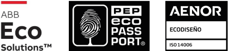 Logotipos de ABB ECO Solutions, PEP ECO Passport y AENOR Ecodiseño iso14006